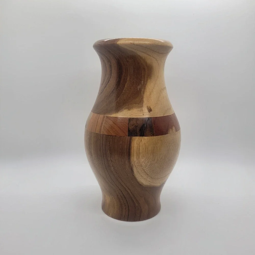 Handmade Segmented Wood Vase Artisan Turned Decorative Inlay Brown 8 inch